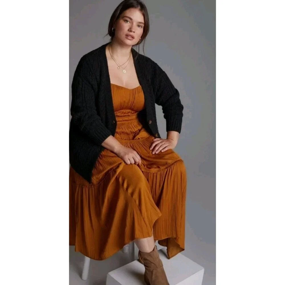 Anthropologie Pointelle Cardigan Sz Small Boho Oversized Cable-Knit Slouchy  Blk - Picture 3 of 11